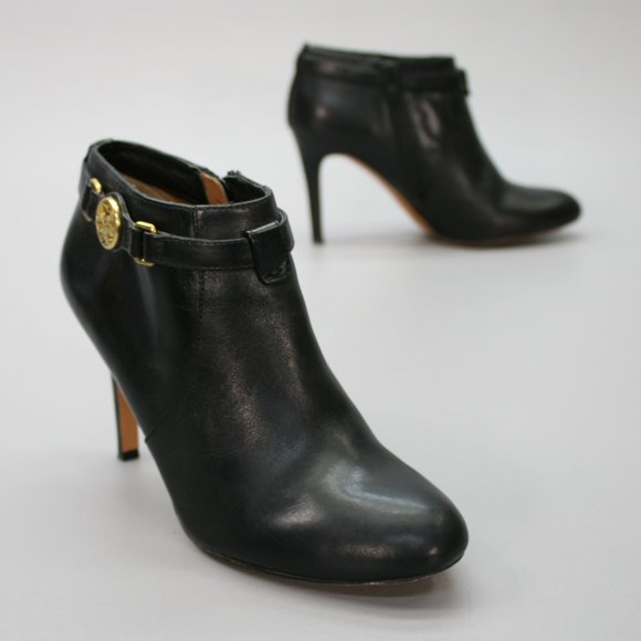 Coach Ladies 7 B Salene Black Leather Gold Logo Side-Zip Heels Ankle Booties - Picture 1 of 12